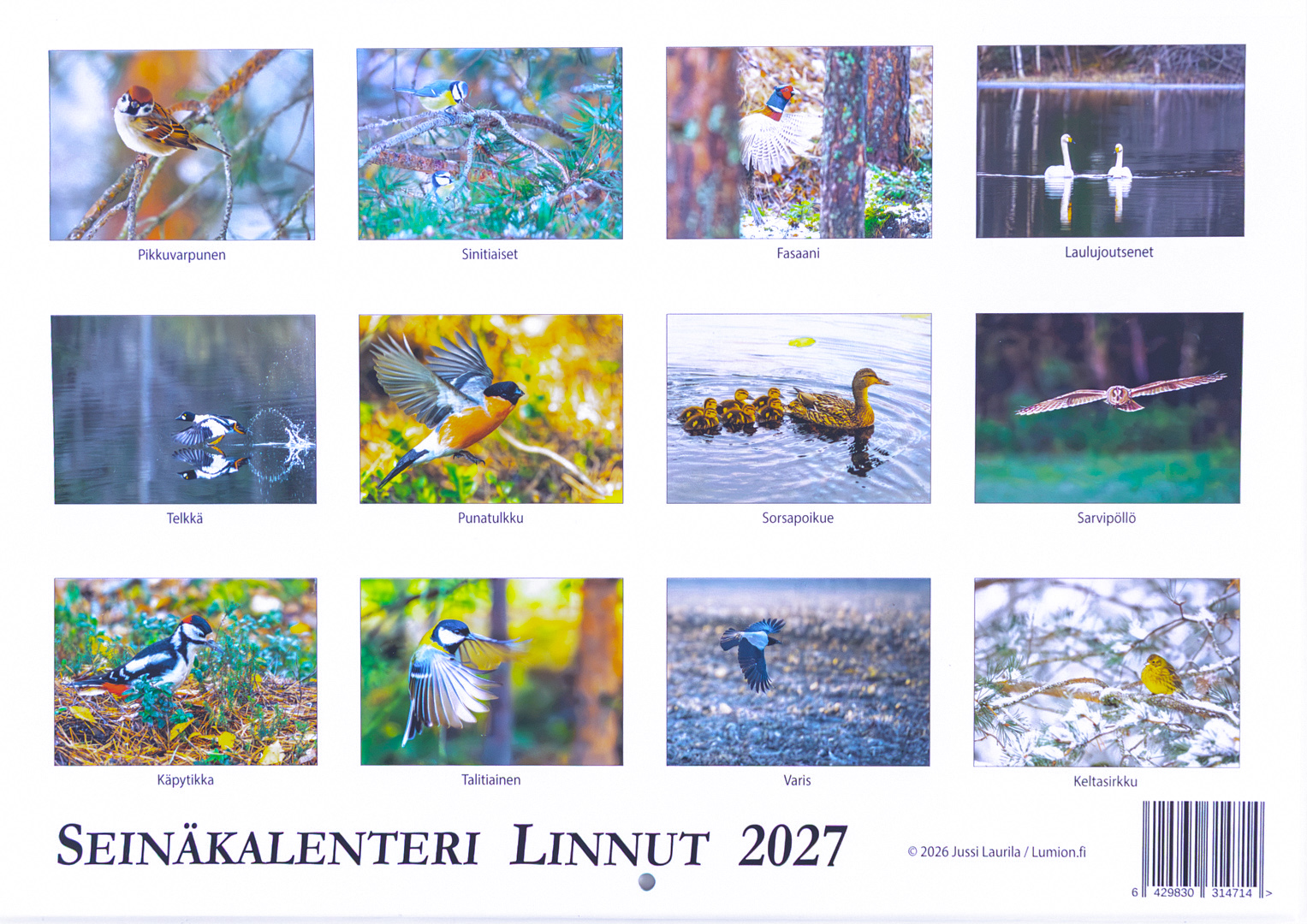 Linnut 2027 seinäkalenterin takakansi ja 12 lintukuvaa